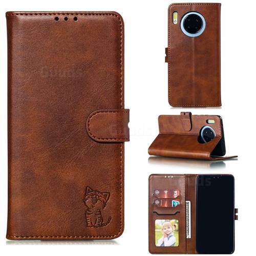 Embossing Happy Cat Leather Wallet Case for Huawei Mate 30 - Brown