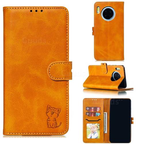 Embossing Happy Cat Leather Wallet Case for Huawei Mate 30 - Yellow