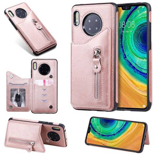 Retro Buckle Zipper Anti-fall Leather Phone Back Cover for Huawei Mate 30 - Pink