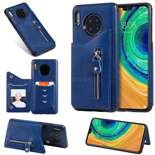 Retro Buckle Zipper Anti-fall Leather Phone Back Cover for Huawei Mate 30 - Blue