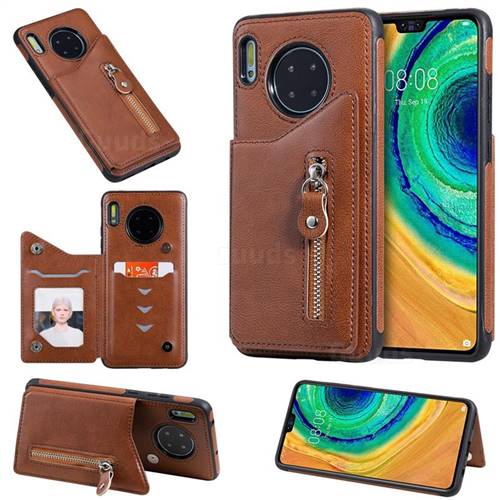 Retro Buckle Zipper Anti-fall Leather Phone Back Cover for Huawei Mate 30 - Brown