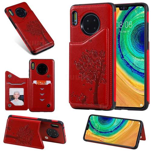 Luxury R61 Tree Cat Magnetic Stand Card Leather Phone Case for Huawei Mate 30 - Red