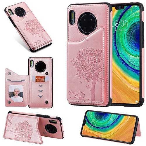 Luxury R61 Tree Cat Magnetic Stand Card Leather Phone Case for Huawei Mate 30 - Rose Gold