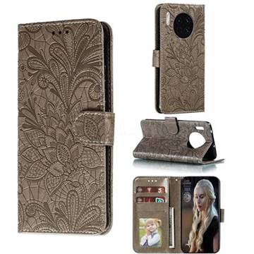 Intricate Embossing Lace Jasmine Flower Leather Wallet Case for Huawei Mate 30 - Gray
