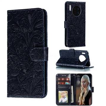 Intricate Embossing Lace Jasmine Flower Leather Wallet Case for Huawei Mate 30 - Dark Blue