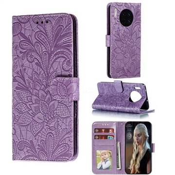 Intricate Embossing Lace Jasmine Flower Leather Wallet Case for Huawei Mate 30 - Purple
