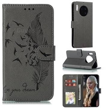 Intricate Embossing Lychee Feather Bird Leather Wallet Case for Huawei Mate 30 - Gray
