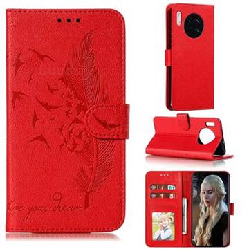 Intricate Embossing Lychee Feather Bird Leather Wallet Case for Huawei Mate 30 - Red