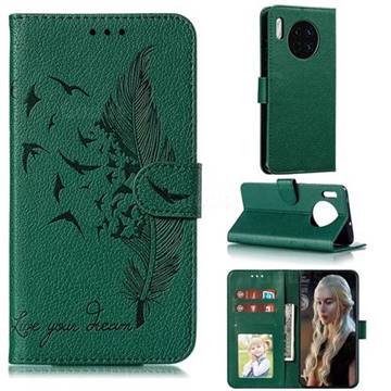 Intricate Embossing Lychee Feather Bird Leather Wallet Case for Huawei Mate 30 - Green