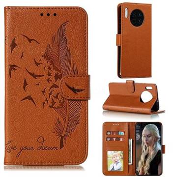 Intricate Embossing Lychee Feather Bird Leather Wallet Case for Huawei Mate 30 - Brown