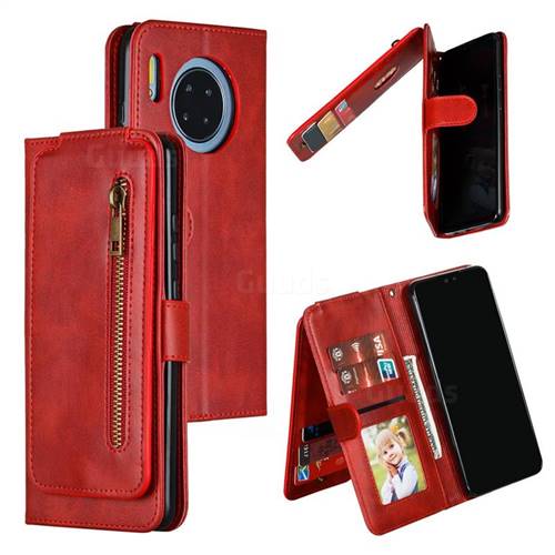 Multifunction 9 Cards Leather Zipper Wallet Phone Case for Huawei Mate 30 - Red
