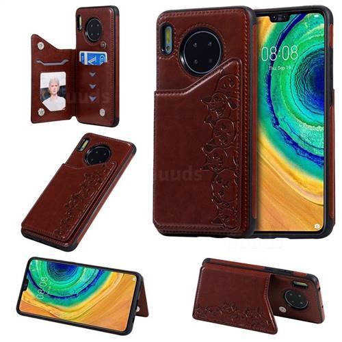 Yikatu Luxury Cute Cats Multifunction Magnetic Card Slots Stand Leather Back Cover for Huawei Mate 30 - Brown