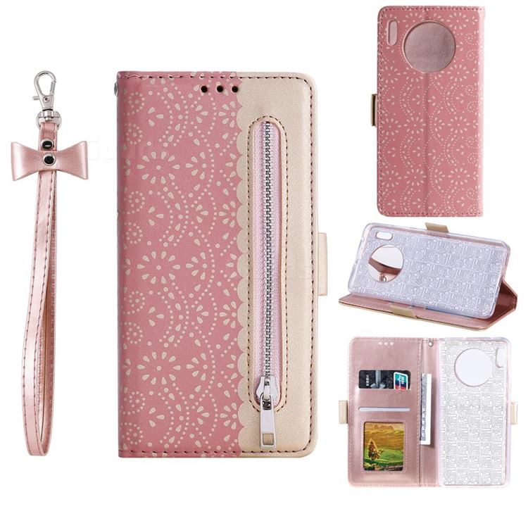 Luxury Lace Zipper Stitching Leather Phone Wallet Case for Huawei Mate 30 - Pink