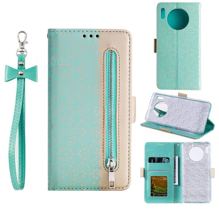 Luxury Lace Zipper Stitching Leather Phone Wallet Case for Huawei Mate 30 - Green