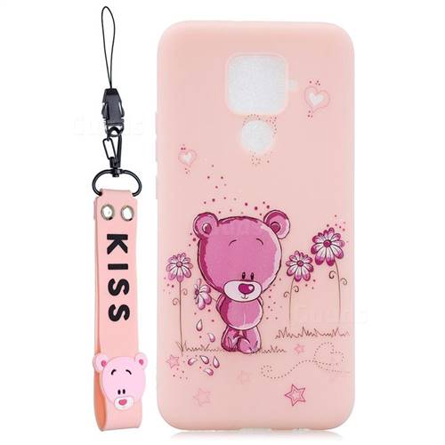 Pink Flower Bear Soft Kiss Candy Hand Strap Silicone Case for Huawei Mate 30 Lite(Nova 5i Pro)