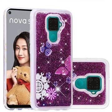 Purple Flower Butterfly Dynamic Liquid Glitter Quicksand Soft TPU Case for Huawei Mate 30 Lite(Nova 5i Pro)