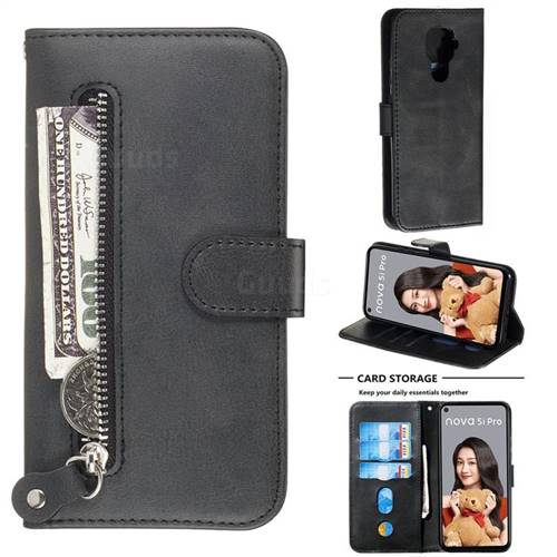 Retro Luxury Zipper Leather Phone Wallet Case for Huawei Mate 30 Lite(Nova 5i Pro) - Black