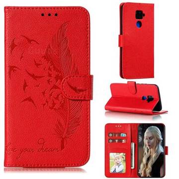 Intricate Embossing Lychee Feather Bird Leather Wallet Case for Huawei Mate 30 Lite(Nova 5i Pro) - Red