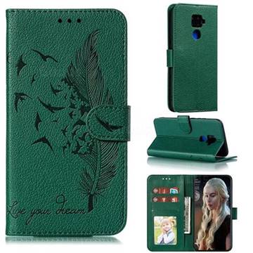 Intricate Embossing Lychee Feather Bird Leather Wallet Case for Huawei Mate 30 Lite(Nova 5i Pro) - Green