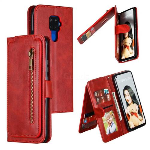 Multifunction 9 Cards Leather Zipper Wallet Phone Case for Huawei Mate 30 Lite(Nova 5i Pro) - Red