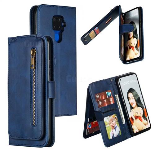Multifunction 9 Cards Leather Zipper Wallet Phone Case for Huawei Mate 30 Lite(Nova 5i Pro) - Blue
