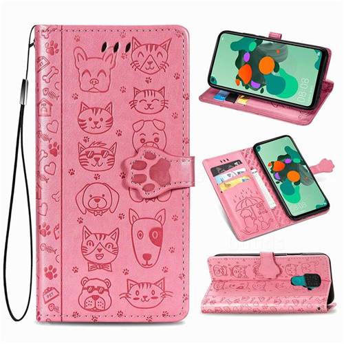Embossing Dog Paw Kitten and Puppy Leather Wallet Case for Huawei Mate 30 Lite(Nova 5i Pro) - Pink