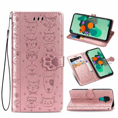 Embossing Dog Paw Kitten and Puppy Leather Wallet Case for Huawei Mate 30 Lite(Nova 5i Pro) - Rose Gold