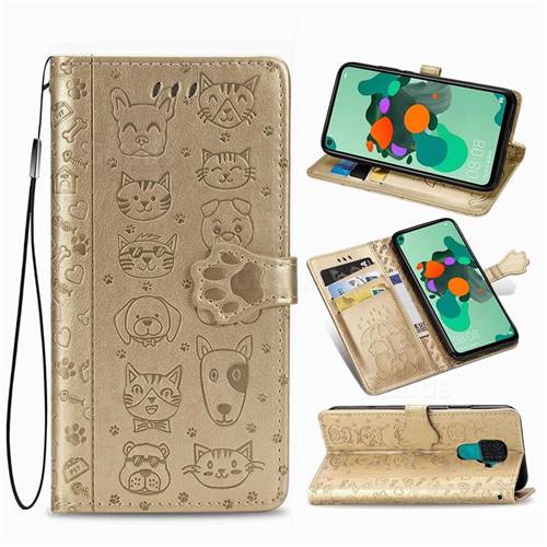 Embossing Dog Paw Kitten and Puppy Leather Wallet Case for Huawei Mate 30 Lite(Nova 5i Pro) - Champagne Gold