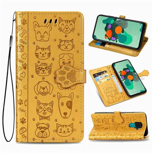 Embossing Dog Paw Kitten and Puppy Leather Wallet Case for Huawei Mate 30 Lite(Nova 5i Pro) - Yellow