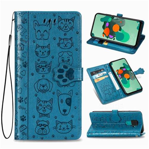 Embossing Dog Paw Kitten and Puppy Leather Wallet Case for Huawei Mate 30 Lite(Nova 5i Pro) - Blue