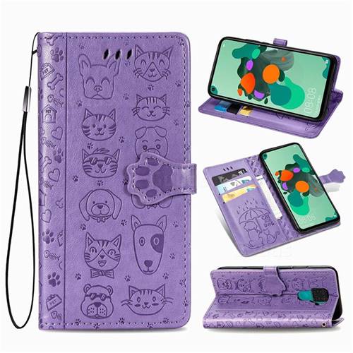Embossing Dog Paw Kitten and Puppy Leather Wallet Case for Huawei Mate 30 Lite(Nova 5i Pro) - Purple