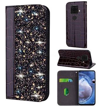 Shiny Crocodile Pattern Stitching Magnetic Closure Flip Holster Shockproof Phone Case for Huawei Mate 30 Lite(Nova 5i Pro) - Black Brown