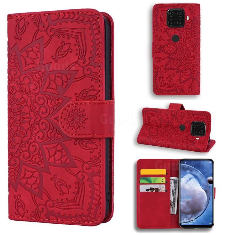 Retro Embossing Mandala Flower Leather Wallet Case for Huawei Mate 30 Lite(Nova 5i Pro) - Red