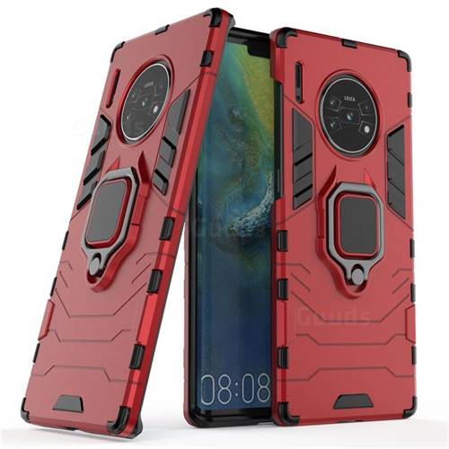 Black Panther Armor Metal Ring Grip Shockproof Dual Layer Rugged Hard Cover for Huawei Mate 30 Pro - Red