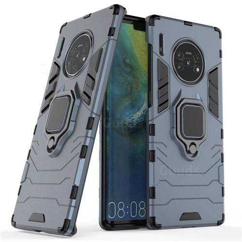 Black Panther Armor Metal Ring Grip Shockproof Dual Layer Rugged Hard Cover for Huawei Mate 30 Pro - Blue