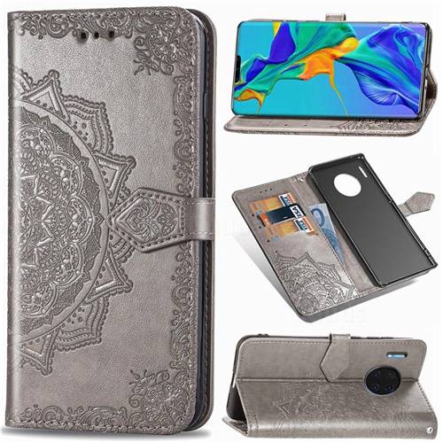 Embossing Imprint Mandala Flower Leather Wallet Case for Huawei Mate 30 Pro - Gray