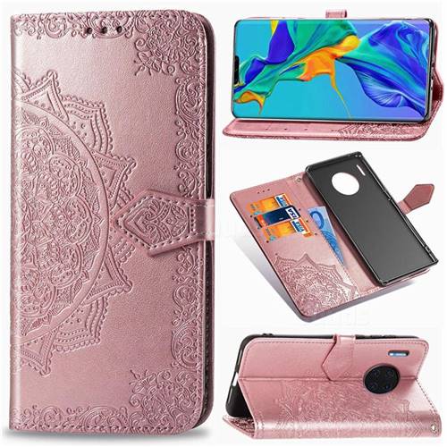 Embossing Imprint Mandala Flower Leather Wallet Case for Huawei Mate 30 Pro - Rose Gold