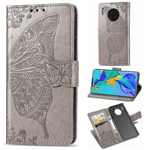 Embossing Mandala Flower Butterfly Leather Wallet Case for Huawei Mate 30 Pro - Gray
