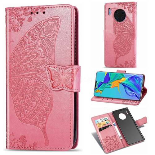 Embossing Mandala Flower Butterfly Leather Wallet Case for Huawei Mate 30 Pro - Pink