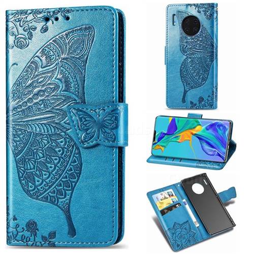 Embossing Mandala Flower Butterfly Leather Wallet Case for Huawei Mate 30 Pro - Blue