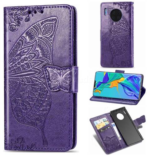 Embossing Mandala Flower Butterfly Leather Wallet Case for Huawei Mate 30 Pro - Dark Purple