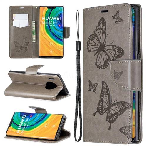 Embossing Double Butterfly Leather Wallet Case for Huawei Mate 30 Pro - Gray