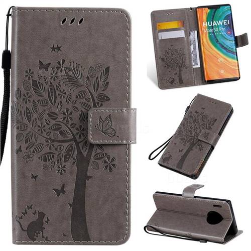 Embossing Butterfly Tree Leather Wallet Case for Huawei Mate 30 Pro - Grey