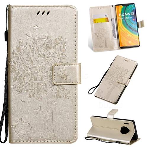 Embossing Butterfly Tree Leather Wallet Case for Huawei Mate 30 Pro - Champagne