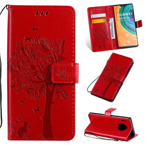 Embossing Butterfly Tree Leather Wallet Case for Huawei Mate 30 Pro - Red