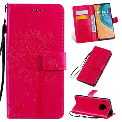 Embossing Butterfly Tree Leather Wallet Case for Huawei Mate 30 Pro - Rose
