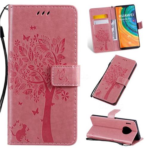 Embossing Butterfly Tree Leather Wallet Case for Huawei Mate 30 Pro - Pink