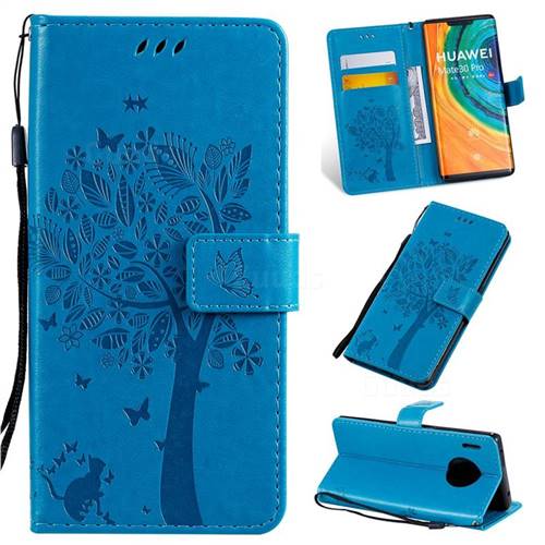 Embossing Butterfly Tree Leather Wallet Case for Huawei Mate 30 Pro - Blue