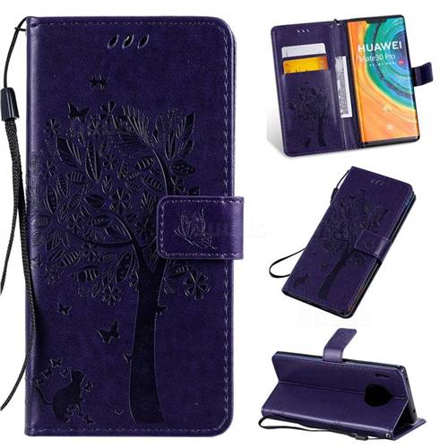 Embossing Butterfly Tree Leather Wallet Case for Huawei Mate 30 Pro - Purple