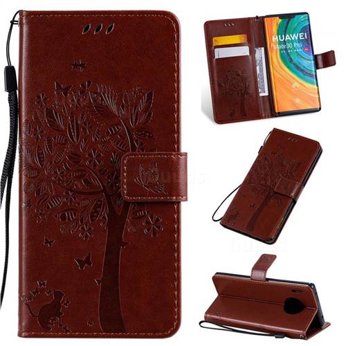 Embossing Butterfly Tree Leather Wallet Case for Huawei Mate 30 Pro - Coffee